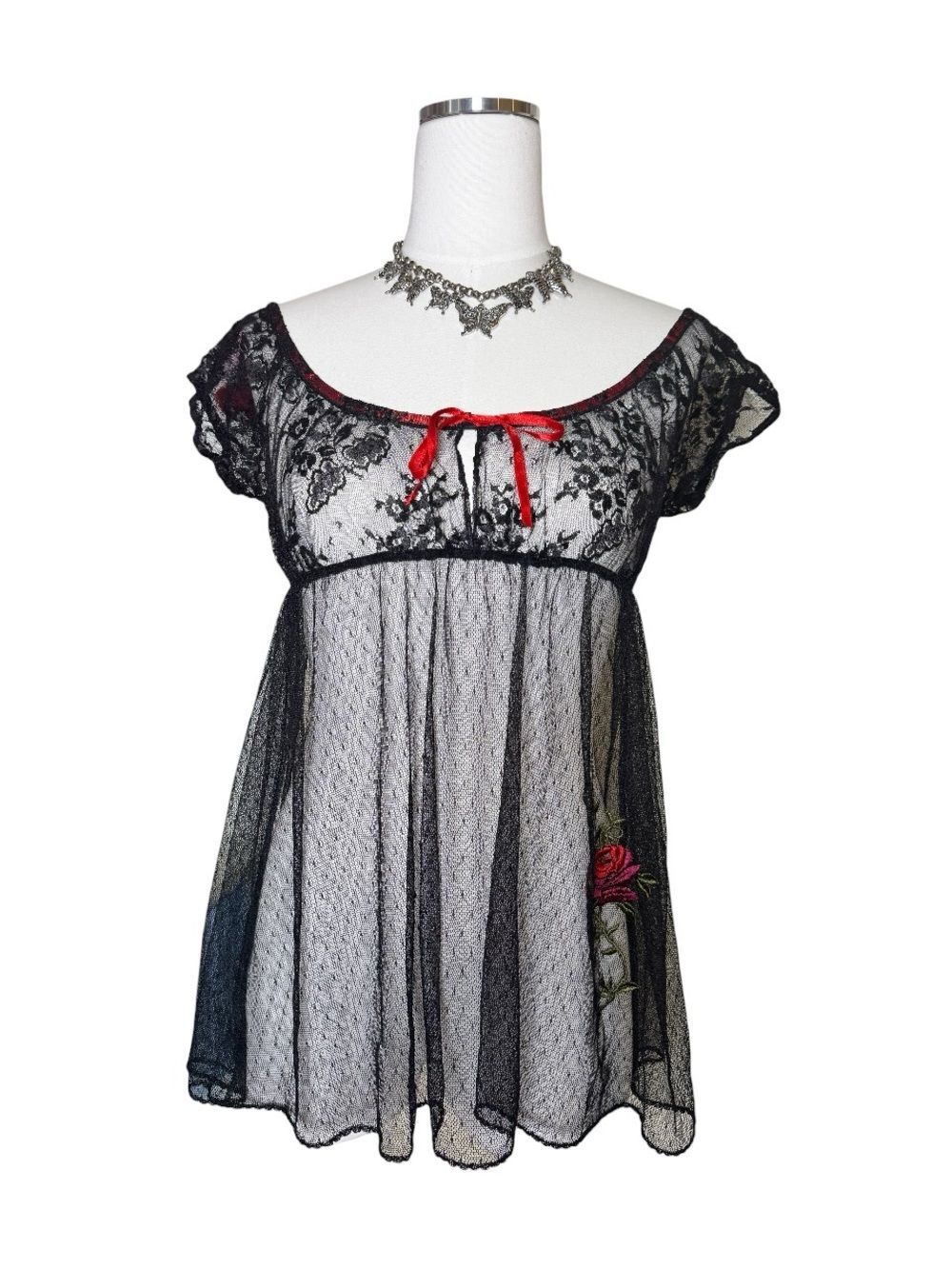 Y2K Victoria’s Secret Sheer Black Lace Babydoll Top w/ Red Trim Size Small